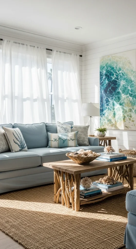 8 Blue Couch Living Room Ideas for the Best Look Coastal living room with a blue couch and nautical decor