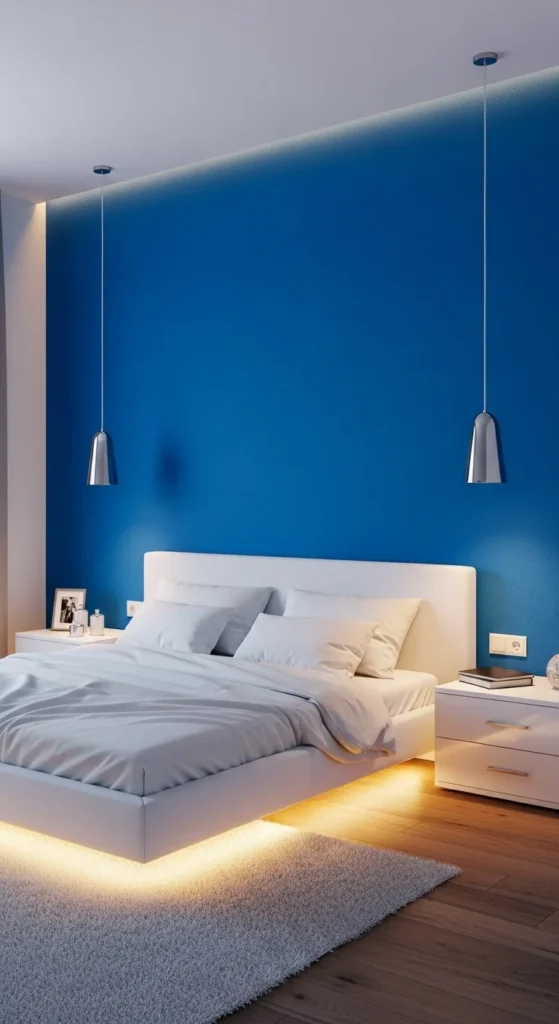 8 Stylish Blue Bedroom Ideas for a Serene Atmosphere Cobalt blue accent wall in a modern, cozy bedroom