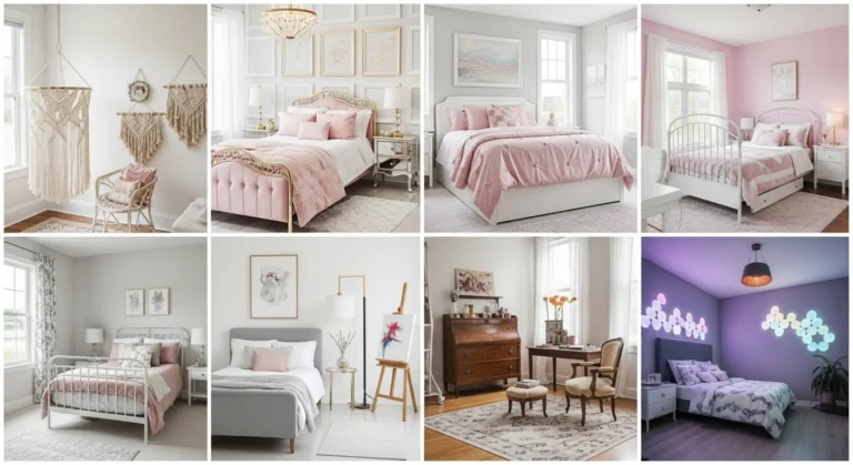 Collage of seven unique teen girl bedroom ideas with different styles