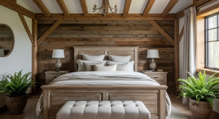 Collage of six cozy earthy bedroom styles in warm, natural tones