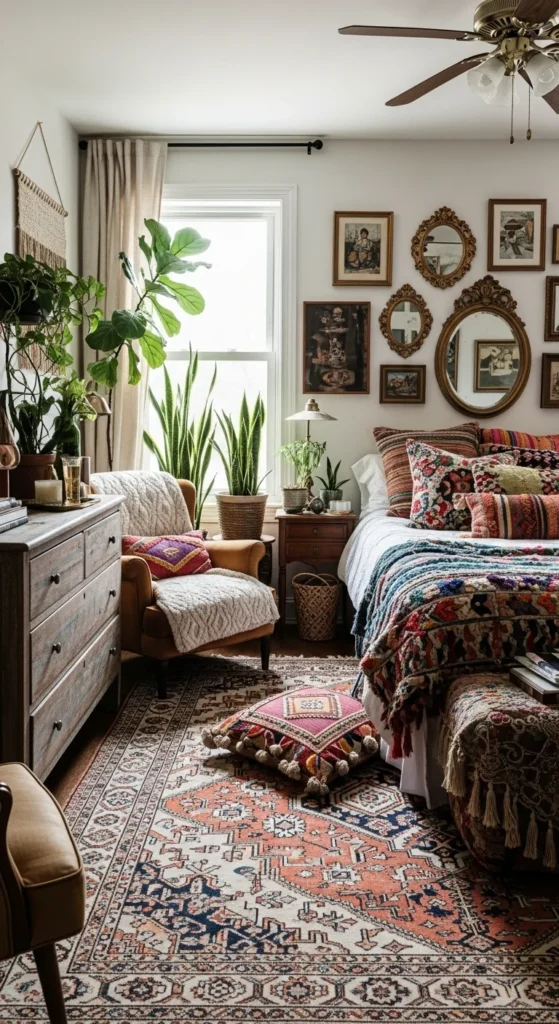 7 Bedroom Makeovers For The Room Of Your Dreams Colorful boho bedroom with vintage accents and layered textiles