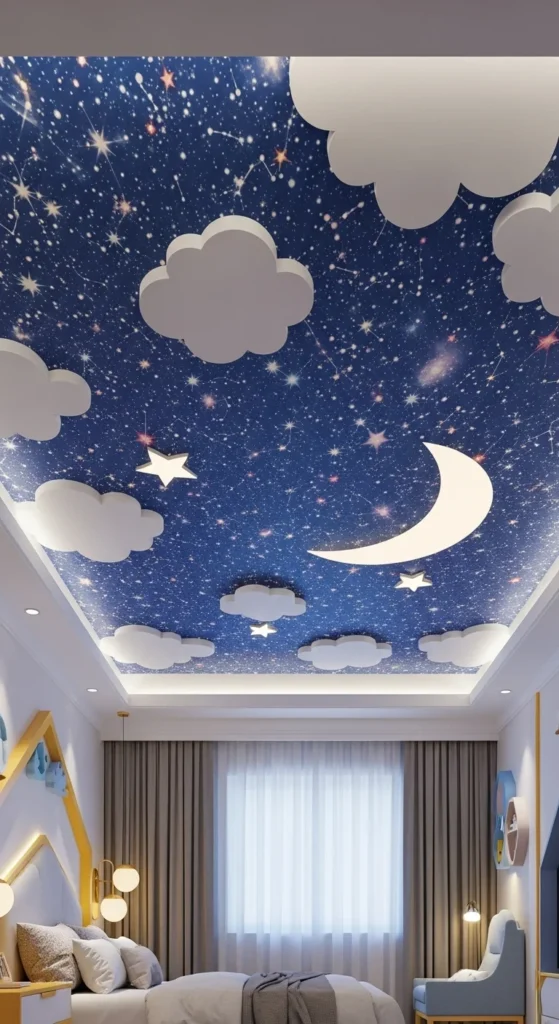 6 Super Simple Kids Bedroom Ideas Colorful ceiling in a kids' room with stars and clouds