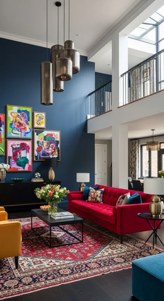 6 Stunning Double-Height Living Room Design Ideas Colorful double-height living room with bold wall and decor