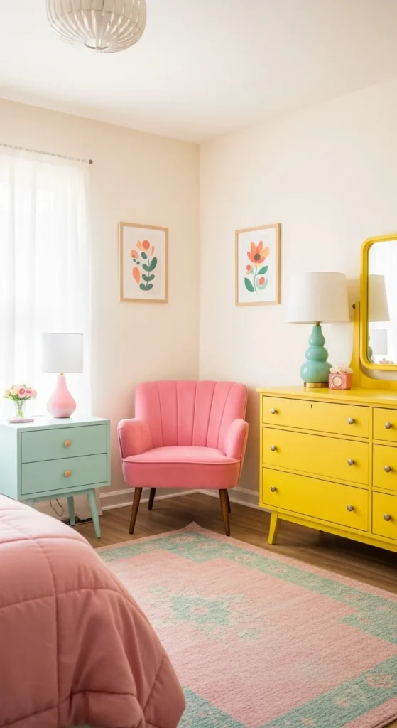 Colorful funky furniture in a vibrant bedroom