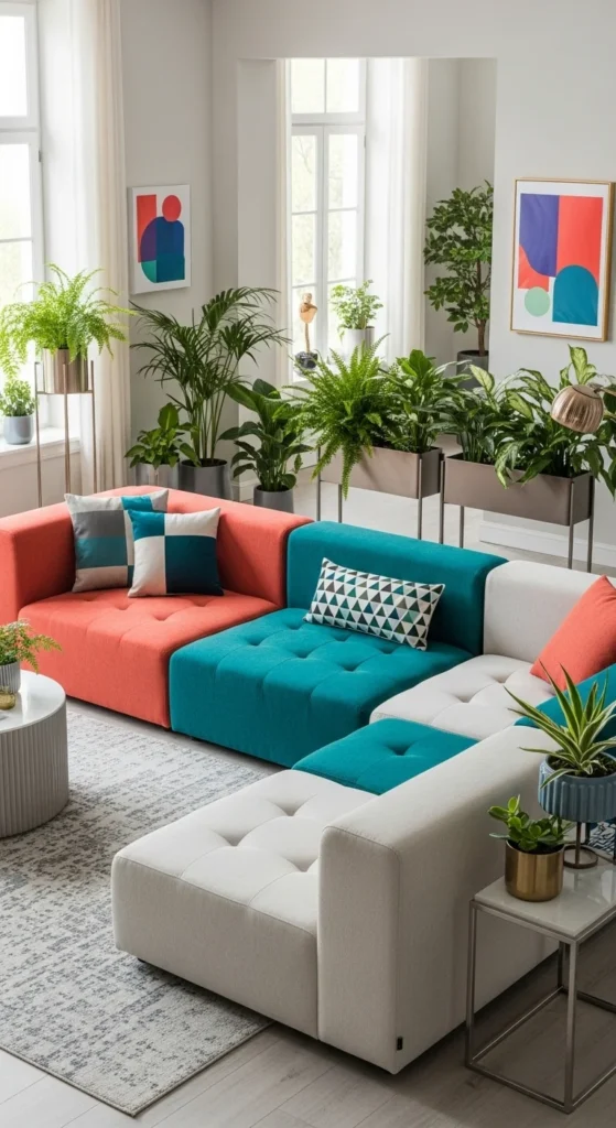 7 L-Shaped Sofa Living Room Designs Colorful modular L-shaped sectional sofa in a versatile living room