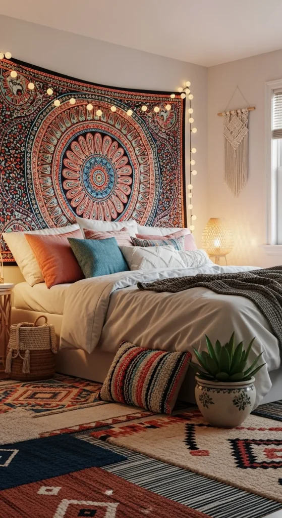 8 Bedroom Wall Decor Ideas To Liven Up Your Boring Walls Colorful tapestry adding texture to bedroom wall