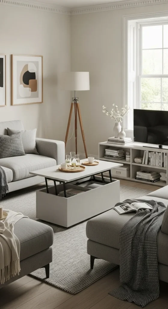 Compact living room with multifunctional sofa and storage table
