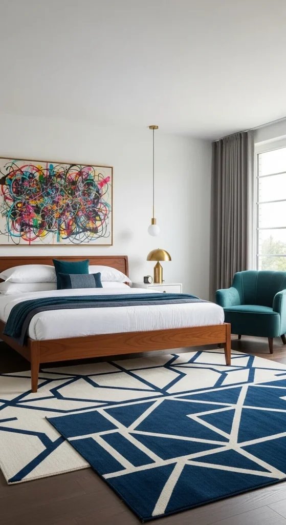 6 Modern Bedroom Ideas to Suit Every Style Contemporary bedroom with bold bedframe, art, and geometric rugs