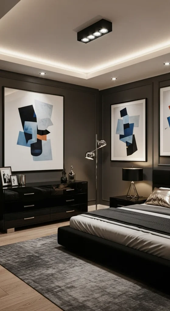 7 Bedroom Paint Color Trends to Try Contemporary bedroom with dark gray walls and bold decor