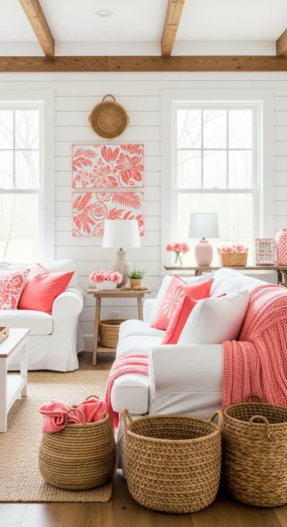 7 Vibrant Living Room Colors for Farmhouse Charm Coral pink accents in a modern farmhouse living room