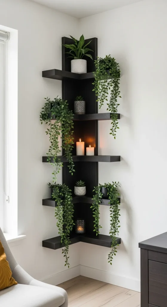8 Best Living Room Shelving Ideas Corner shelving with plants and decor in a stylish living room
