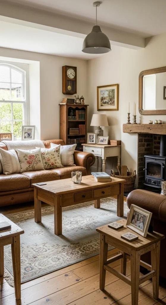 10 Cozy and Stylish Brown Couch Living Room Ideas Cottage-inspired living room with floral pillows and brown couch