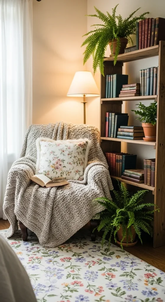 8 Cottagecore Bedroom Ideas for a Cozy Retreat Cottagecore reading nook with comfy chair and bookshelf