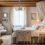 Cozy French cottage bedroom with soft colors and rustic decor