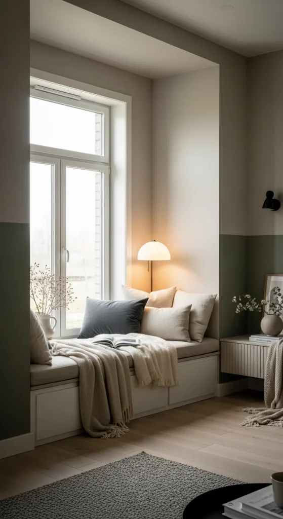 6 Japandi Living Room Ideas For Your New House Cozy Japandi reading nook with soft lighting and cushions
