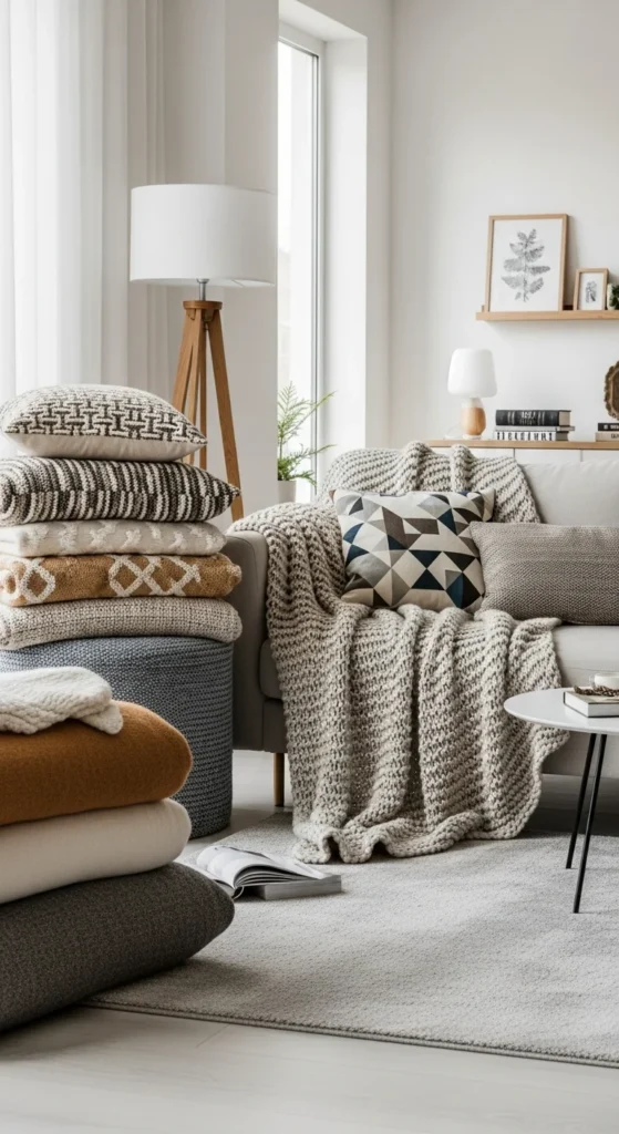 6 Chic Scandinavian Living Rooms for Holiday Comfort Cozy Scandinavian living room with layered textiles