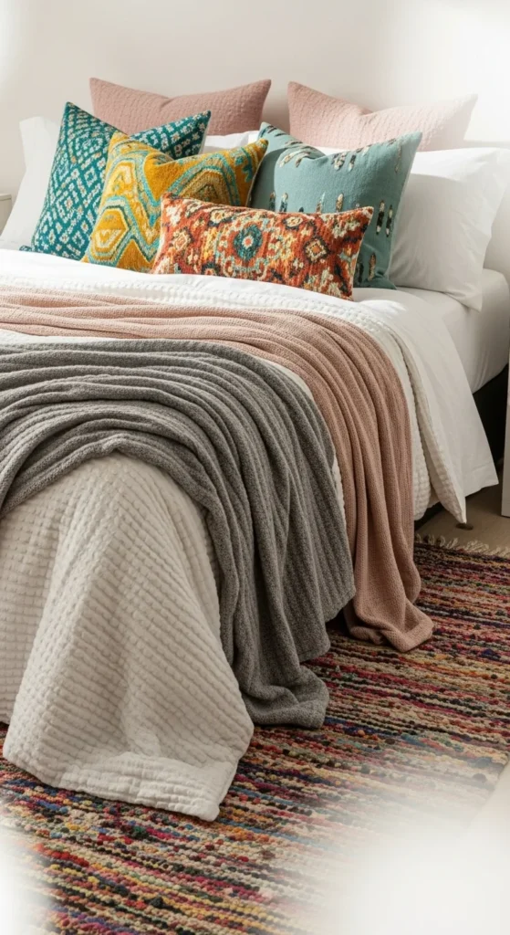 Cozy bed with layered textiles in a cute bedroom