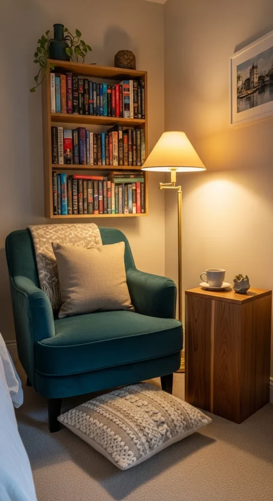 10 Warm Bedroom Aesthetic Ideas for a Comfy Retreat Cozy bedroom nook with a comfy chair and reading lamp