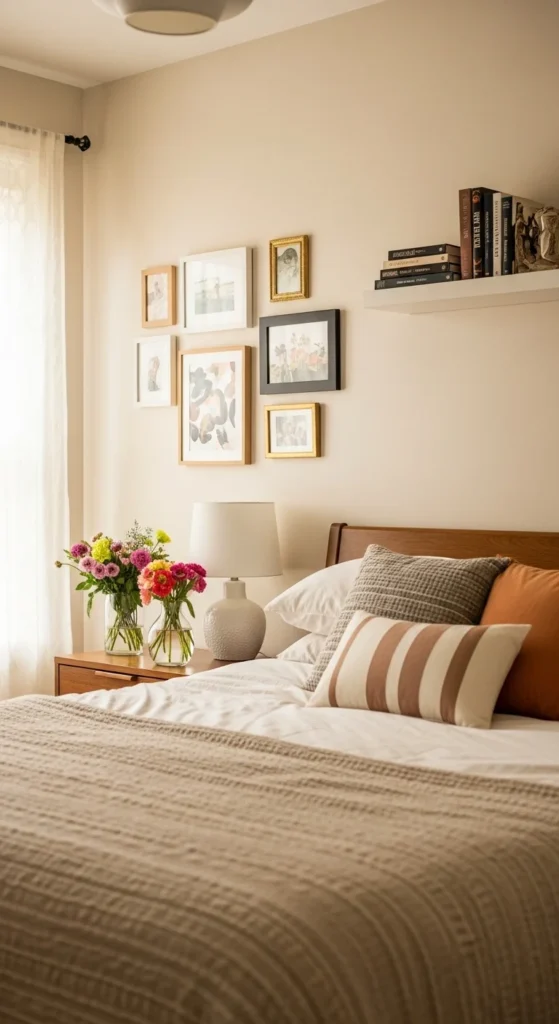 Cozy bedroom with gallery wall and personal decor accents