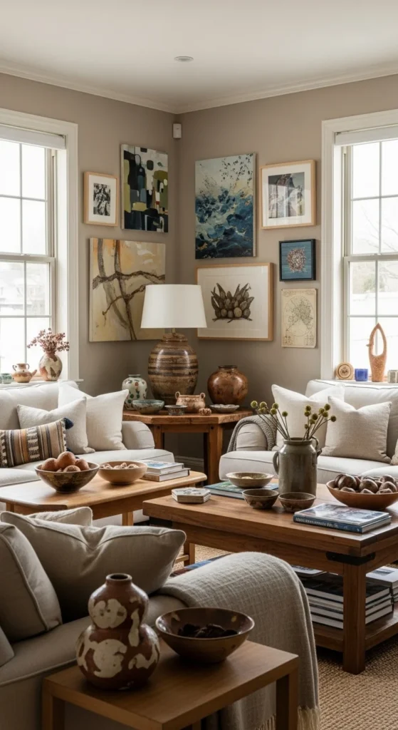 7 Beige Living Room Ideas That Are Calm and Cozy Cozy beige living room with personal and handmade touches