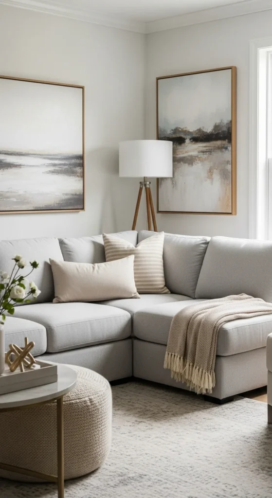 7 Cozy Sectional Living Room Ideas Cozy corner sectional sofa with warm accents and artwork