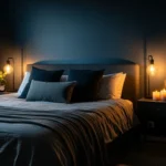 Cozy dark bedroom with layered textures and warm lighting