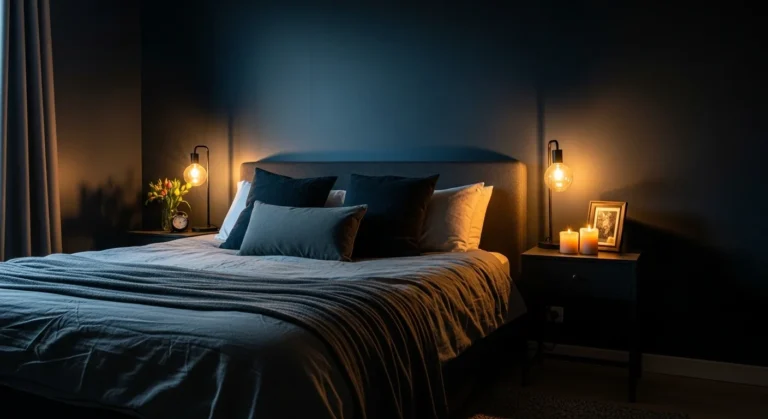 Cozy dark bedroom with layered textures and warm lighting