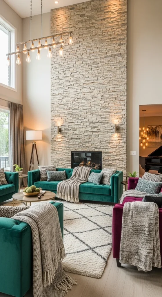 6 Stunning Double-Height Living Room Design Ideas Cozy double-height room with layered textures and warm tones
