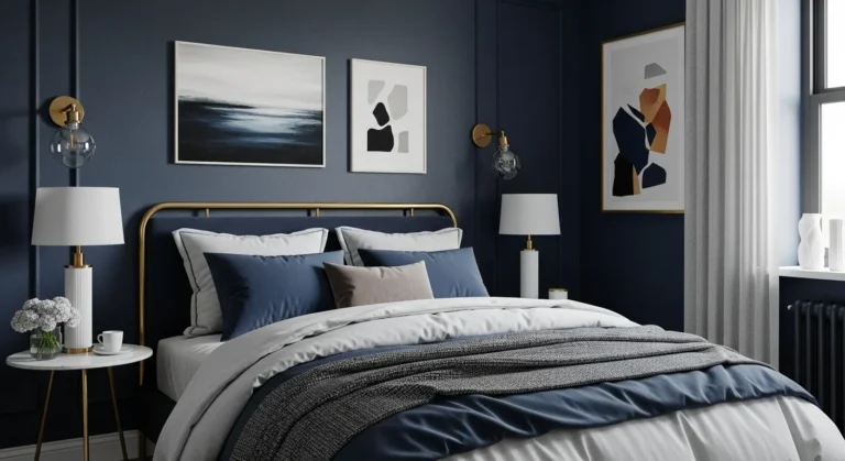 Cozy navy blؤue bedroom with stylish decor and soft lighting