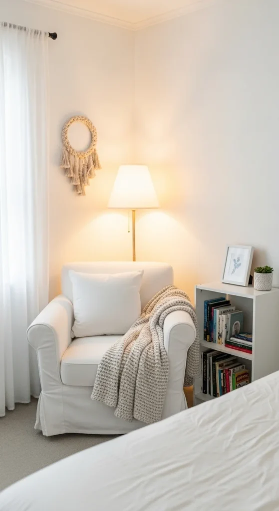 7 White Bedroom Ideas: How To Make It Work Cozy reading nook in a bright white bedroom corner