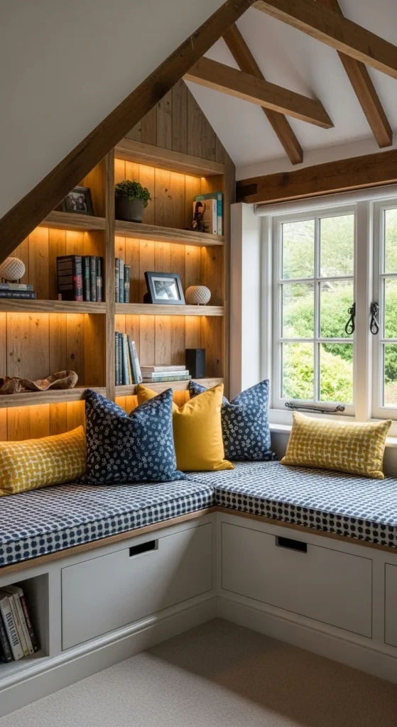 6 Attic Bedroom Design Ideas for Your Custom Home Cozy reading nook with built-in window seat and bookshelves