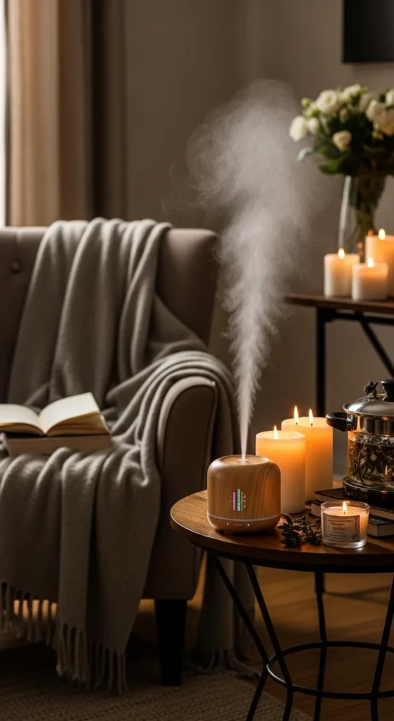 6 Cosy Living Room Ideas for a Warm & Inviting Space Cozy room with candles, diffuser, and warm seasonal scents