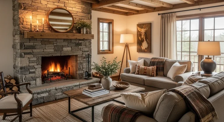 Cozy rustic living room with stone fireplace and wood beams