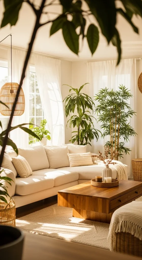 7 Cozy Sectional Living Room Ideas Cream sectional with indoor plants and wooden decor