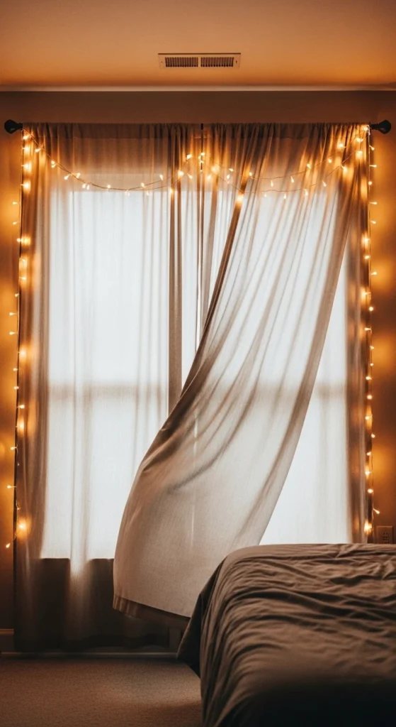 10 Fairy Lights Bedroom Ideas That We Are Loving Mason jars filled with fairy lights on a nightstand for soft glow