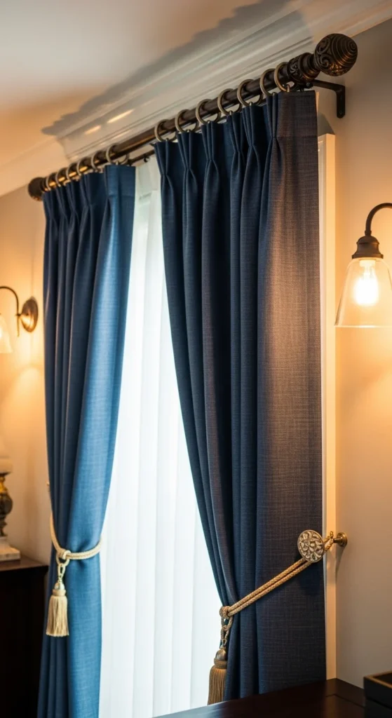 7 Chic Bedroom Curtain Ideas for a Peaceful Night’s Sleep Curtains with decorative rods and colorful tiebacks in bedroom