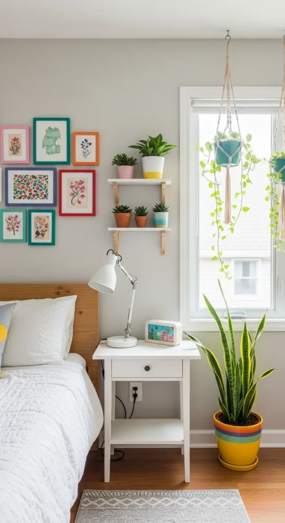 Cute bedroom decorated with indoor plants