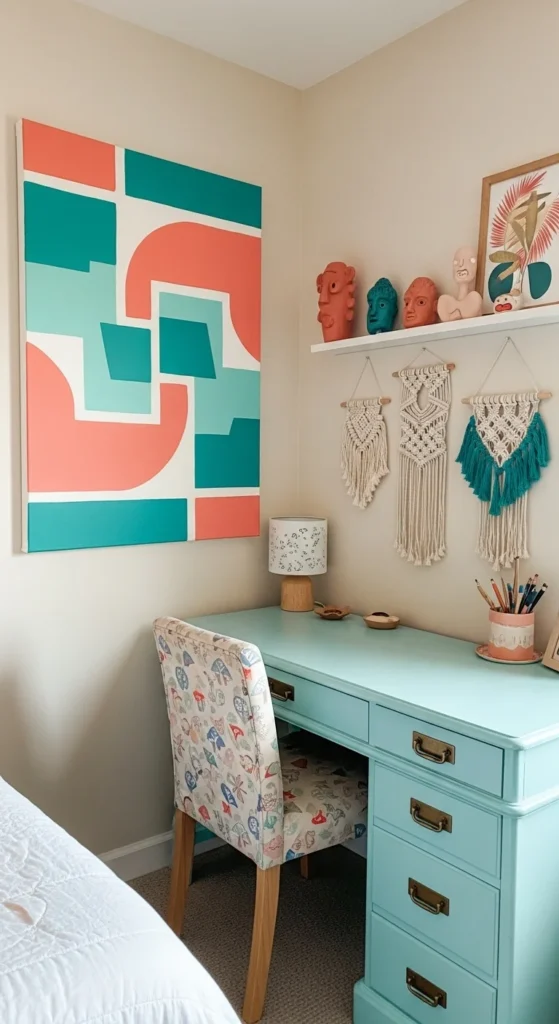 DIY decor and upcycled pieces in a creative bedroom