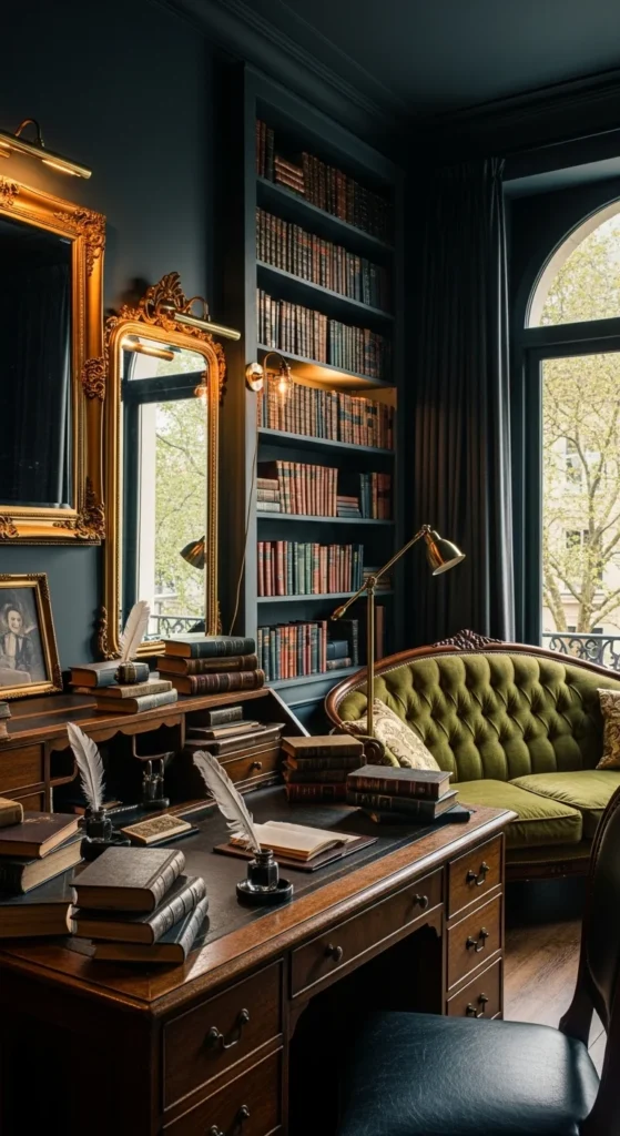 6 Dark Academia Bedroom Decorating Ideas to Inspire You Dark Academia bedroom with vintage desk and chesterfield sofa