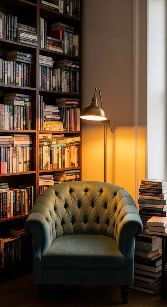 6 Dark Academia Bedroom Decorating Ideas to Inspire You Dark Academia reading nook with bookshelves and cozy chair