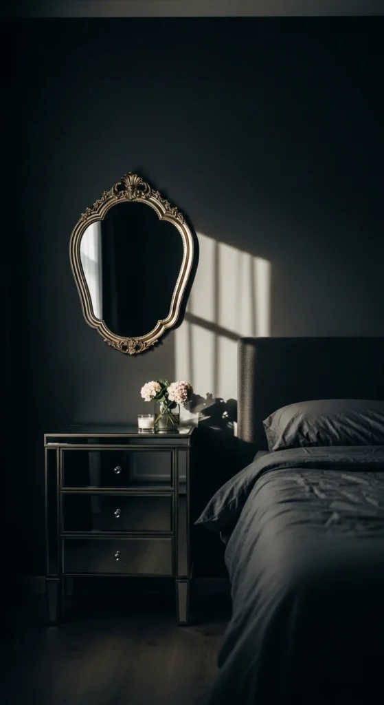 7 Dark Bedroom Ideas for a Cozy & Serene Retreat Dark bedroom with a large mirror and mirrored furniture