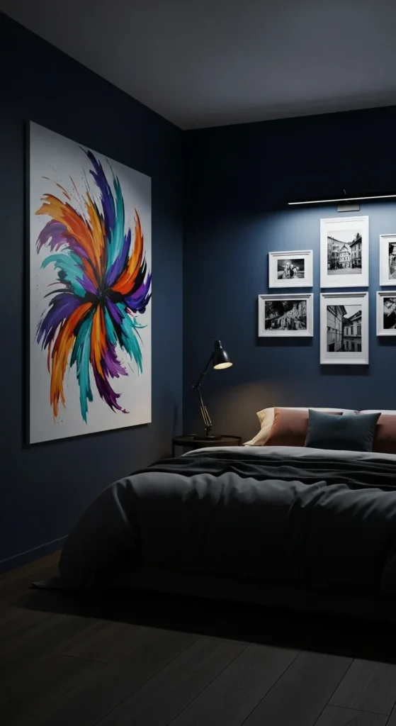 7 Dark Bedroom Ideas for a Cozy & Serene Retreat Dark bedroom with bold abstract and black-and-white art