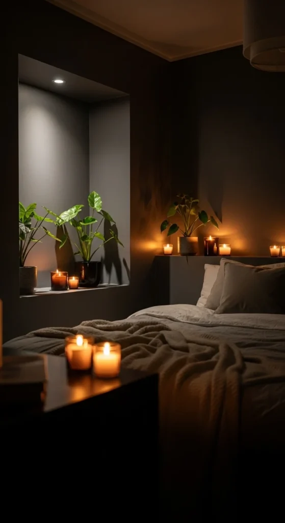7 Dark Bedroom Ideas for a Cozy & Serene Retreat Dark bedroom with candles, plants, and personal decor touches