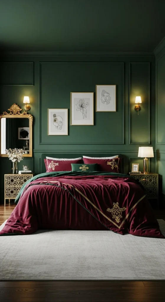 6 Romantic Dark Bedroom Ideas Dark bedroom with emerald walls and burgundy bedding