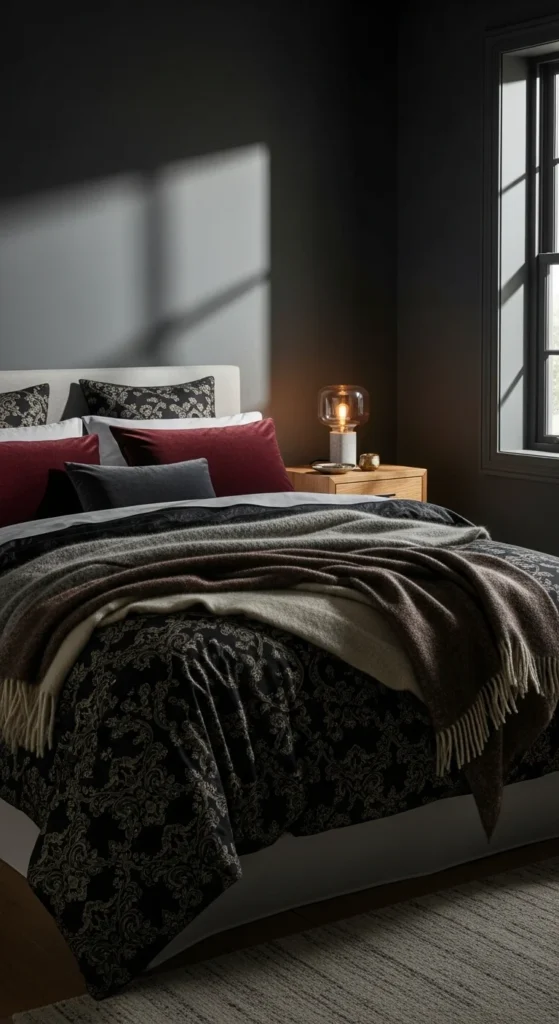 7 Dark Bedroom Ideas for a Cozy & Serene Retreat Dark bedroom with luxurious, patterned bedding and soft layers