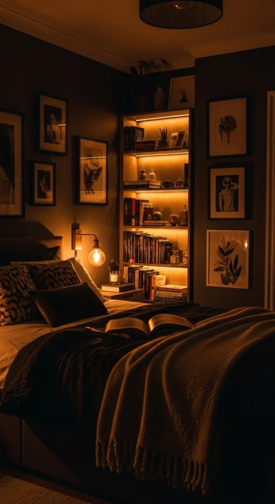 6 Cozy Dark Bedroom: Embrace Warmth and Intimacy Dark bedroom with personal decor and soft accent lighting