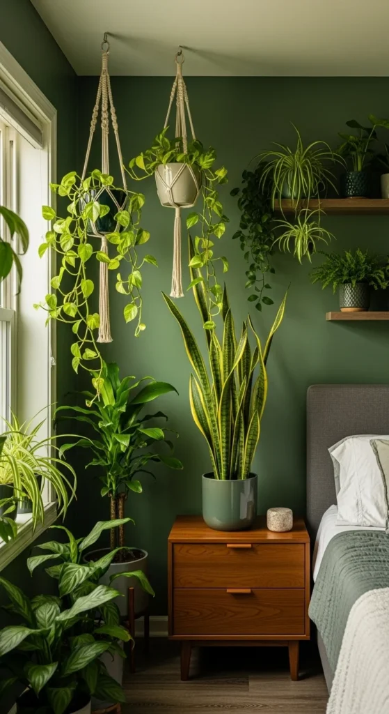 8 Dark Green Bedroom Ideas Inspired by Nature Dark green bedroom filled with houseplants on shelves and stands
