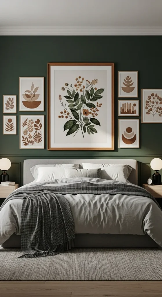 8 Dark Green Bedroom Ideas Inspired by Nature Dark green bedroom with botanical wall art and wood frames