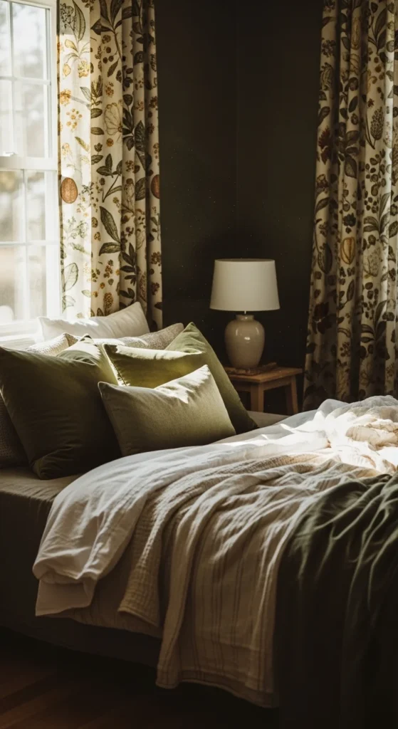 8 Dark Green Bedroom Ideas Inspired by Nature Dark green bedroom with leaf-patterned curtains and velvet pillows