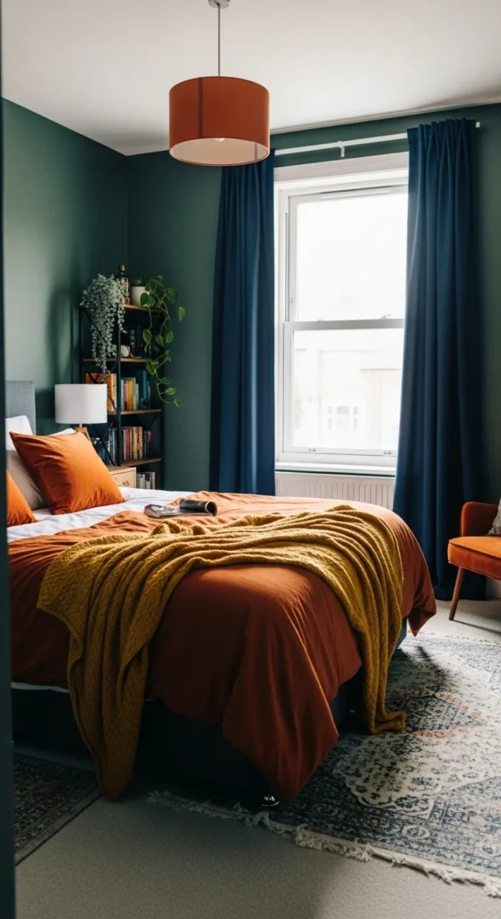8 Dark Green Bedroom Ideas Inspired by Nature Dark green bedroom with orange, navy, and mustard accents